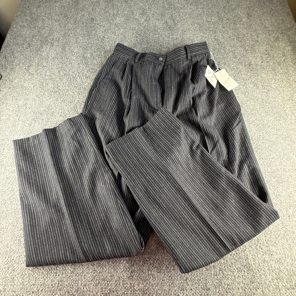 Vintage Pinstripe Pleated Trousers High Waisted Wide Leg Grey Size 14